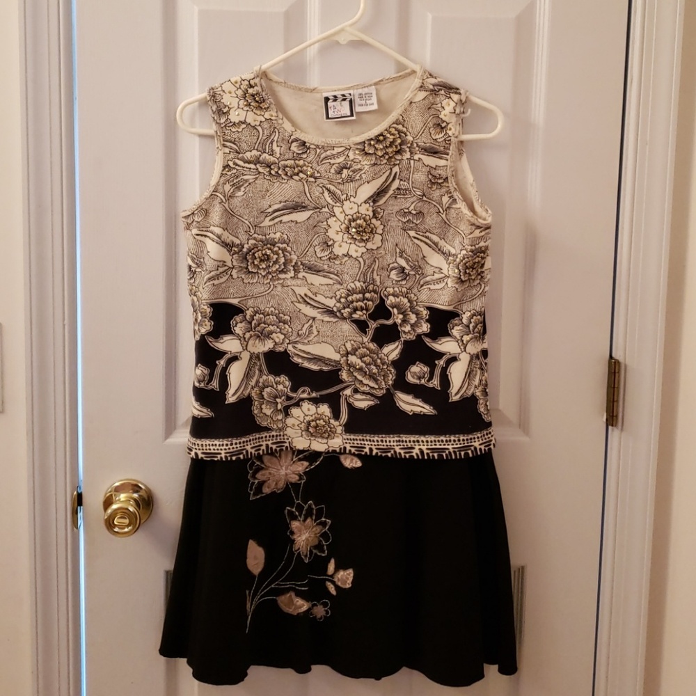 Black with tan flowers shirt and skirt set